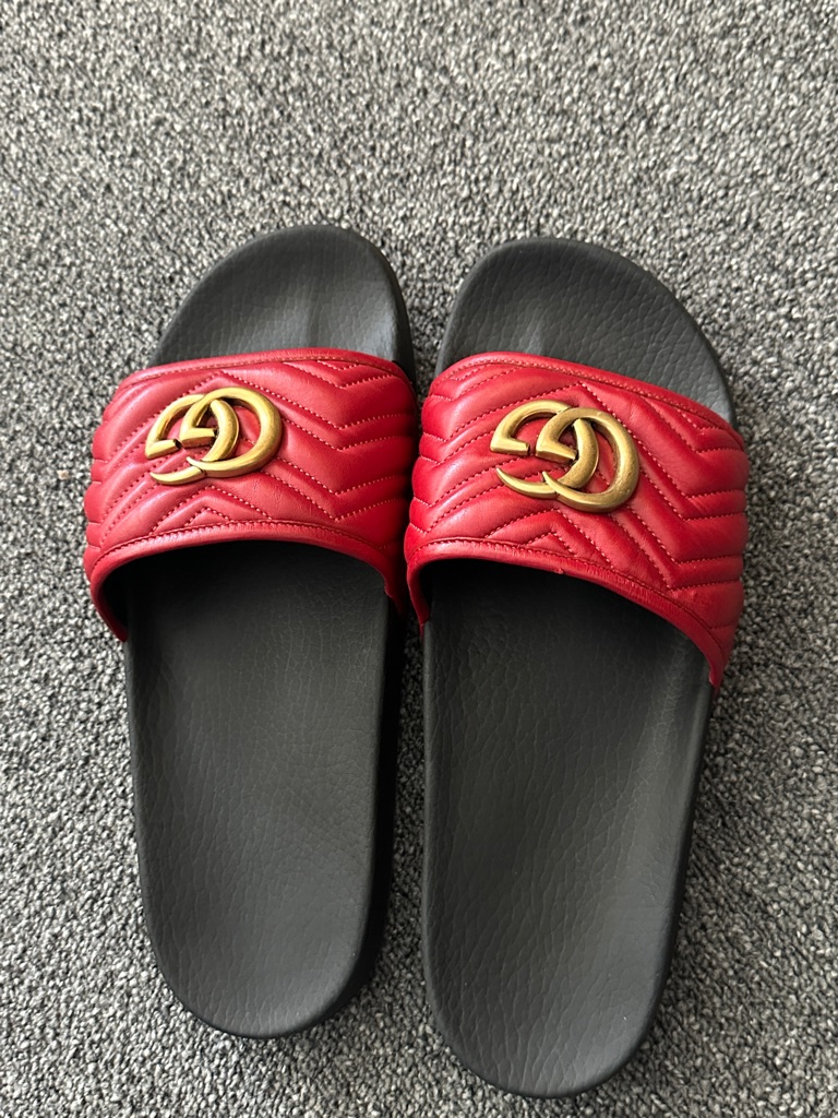 Gucci Red Quilted Slide Sandals With Gold Double G